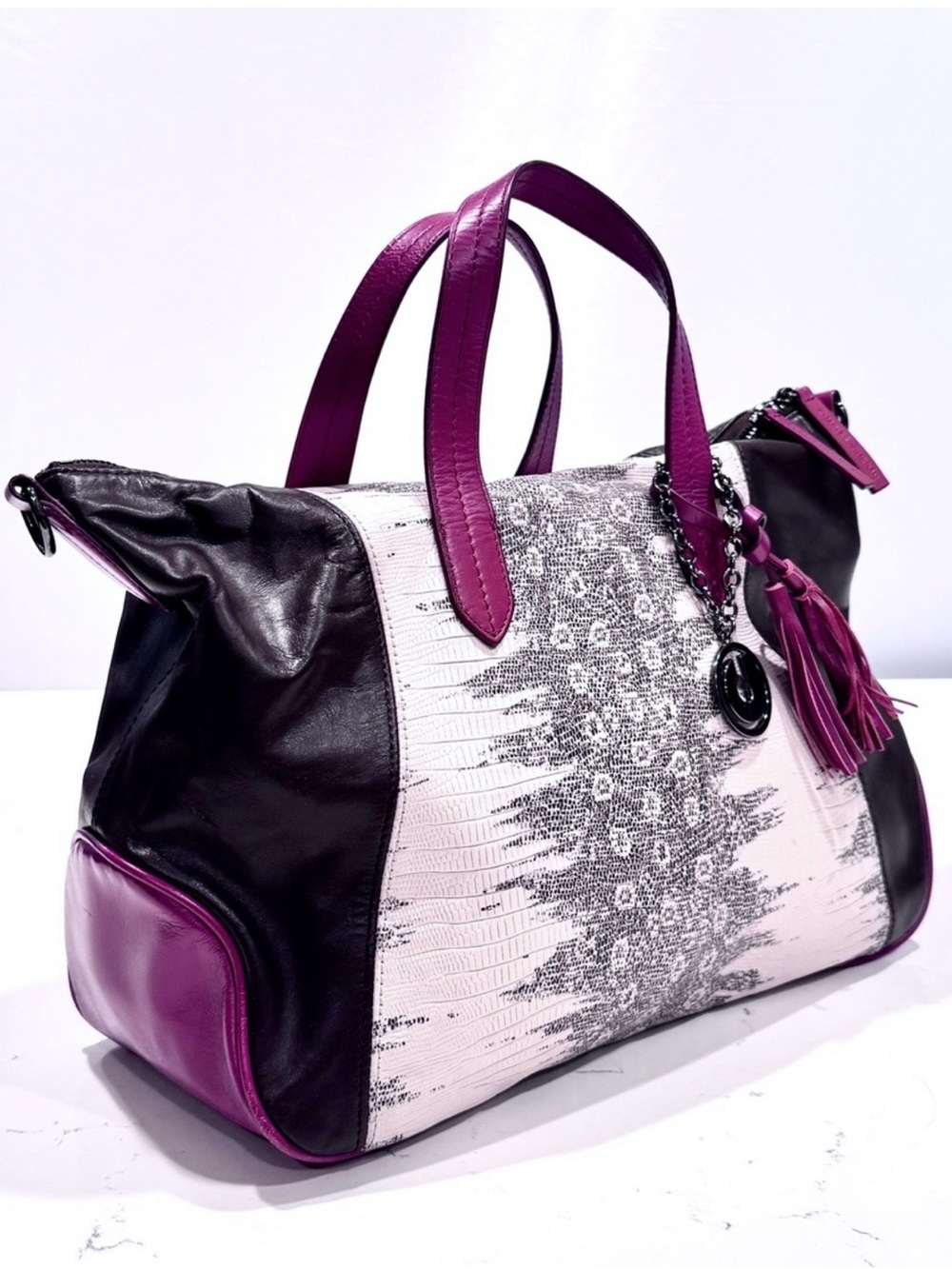 Charles Jourdan Genuine Leather Vintage Black & Magenta Handbag Tote & Charm EUC